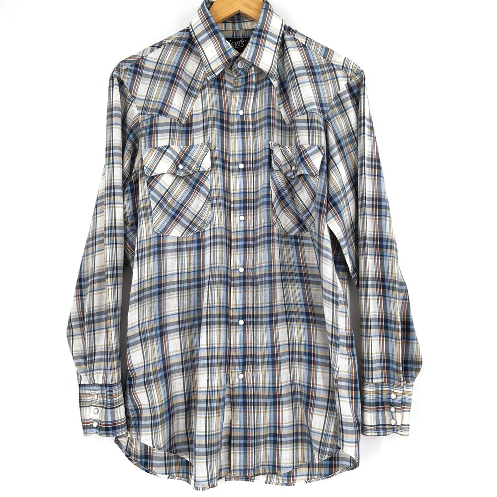 VTG Levi's Men Western Pearl Snap Shirt Medium Plaid Cowboy Ranch Rodeo Retro
